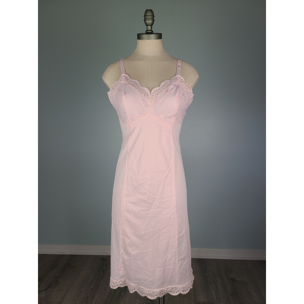 VTG Sears Sz 34 Slip Dress Pink Embroidered Lacy Coquette Y2K  Retro Pin Up
